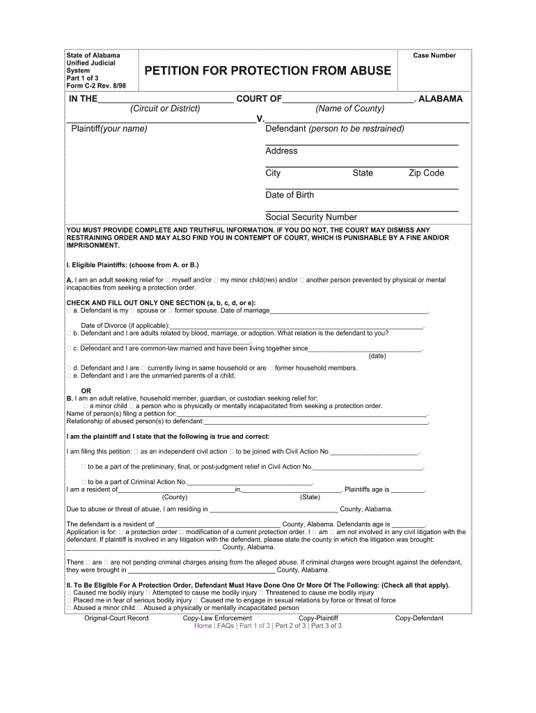 Petition for Protection from Abuse Alabama 1998-2025